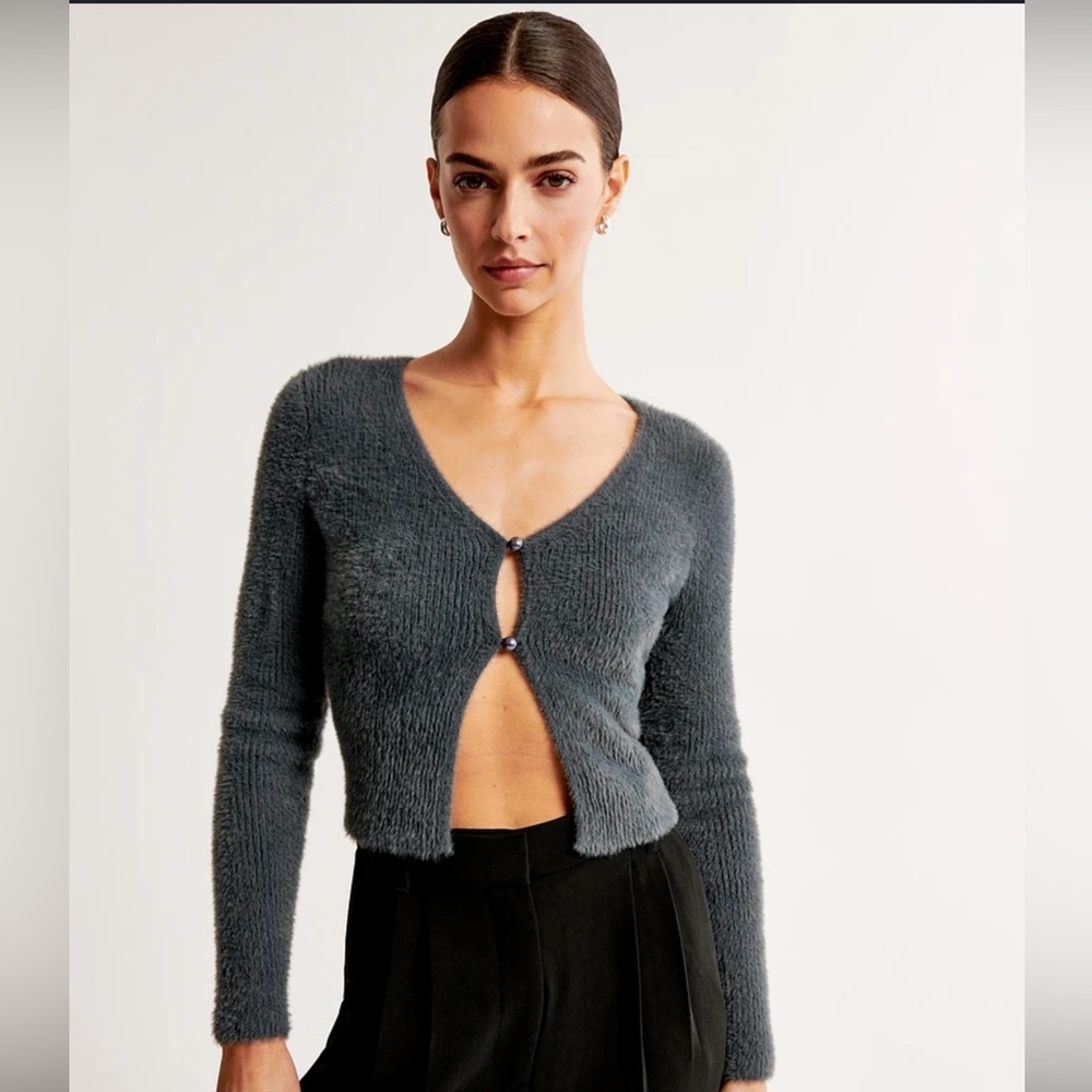 A&F Gray Fuzzy Cardigan with Pearl Details